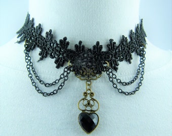 black choker choker with chains & faceted heart (dirndl, traditional necklace, faceted pearl, jewelry, traditional jewelry)