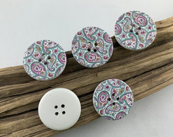 5 wooden buttons * 30 mm * white * various ornaments * ornament * colorful * printed * white buttons * scrapbooking * motif buttons