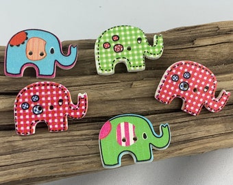 5 gemusterte Elefantenknöpfe * Holzknöpfe * Elephant Elefant * 29 mm * Elephantenknöpfe * Knöpfe * Motivknöpfe * Scrapbooking