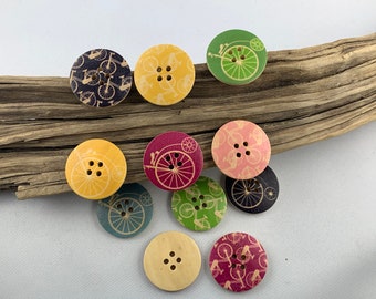 5 wooden buttons * 30 mm * natural * with bicycles in black green yellow pink * printed * natural colored buttons * scrapbooking * motif buttons
