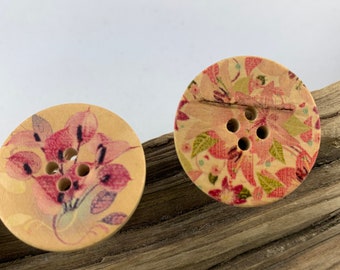 5 Holzknöpfe * 30 mm *natur * Blumen * bunte Blumen * Flowers * bedruckt * naturfarbene Knöpfe * Scrapbooking * Motivknöpfe