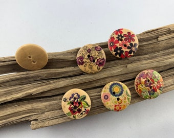 10 wooden buttons * 25 mm * natural * with different flowers * colorfully printed * scrapbooking * motif buttons * flower buttons * buttons