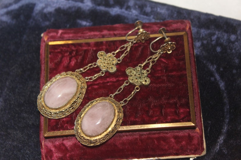 Antique Chinese Signed Pink Quartz Vermiel Sterling Silver Long Earrings