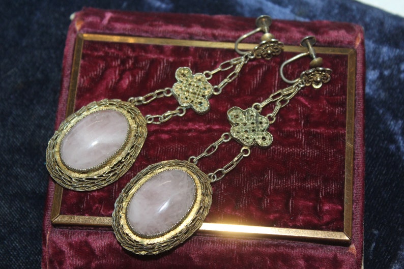 Antique Chinese Signed Pink Quartz Vermiel Sterling Silver Long Earrings