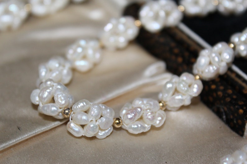 Vintage 14k Gold Genuine Rice Pearls Cluster Mesmerizing Necklace Set