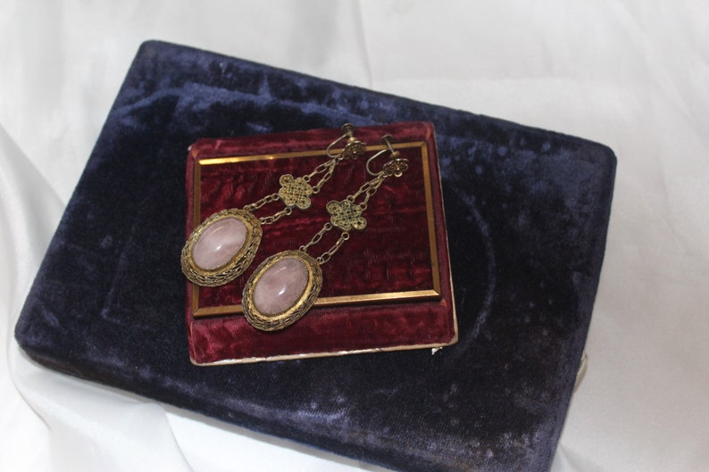 Antique Chinese Signed Pink Quartz Vermiel Sterling Silver Long Earrings