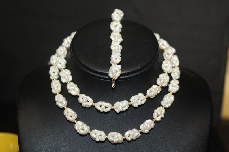 Vintage 14k Gold Genuine Rice Pearls Cluster Mesmerizing Necklace Set
