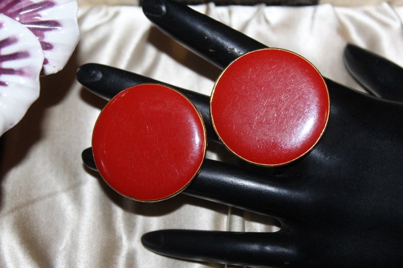 Art Signed Designer High End Red Enamel Large Round Disc Circular Earrings