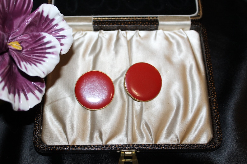 Art Signed Designer High End Red Enamel Large Round Disc Circular Earrings