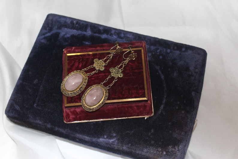 Antique Chinese Signed Pink Quartz Vermiel Sterling Silver Long Earrings