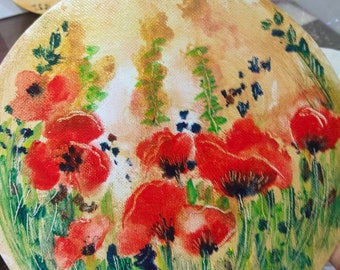 Klatschmohn  Blumen  Malerei  handgemalt original rundes Leinwand Malplatte