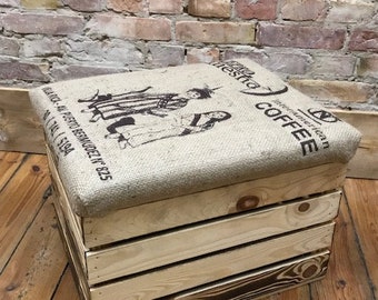 Wooden box, footstool, coffee bag, storage space, seat box, upcycling