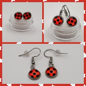Cabochon stainless steel ear studs earrings ear hooks ladybug ladybug black red dots 8 mm