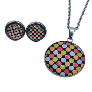 Parure de bijoux en acier inoxydable points colorés rockabilly OU boucles d'oreilles clips collier peut également être commandé individuellement + argent sterling 925