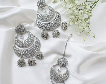 stones American diamond cut earrings white Style: AMANA Jewellery Set wedding tikka Indian bridal Atiya Choudhury handmade pearls