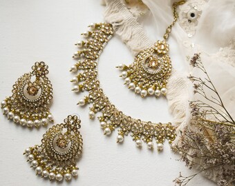 stones American diamond cut earrings white Style: AMANA Jewellery Set wedding tikka Indian bridal Atiya Choudhury handmade pearls