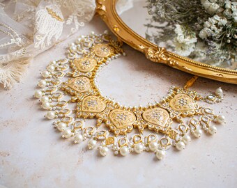 stones American diamond cut earrings white Style: AMANA Jewellery Set wedding tikka Indian bridal Atiya Choudhury handmade pearls