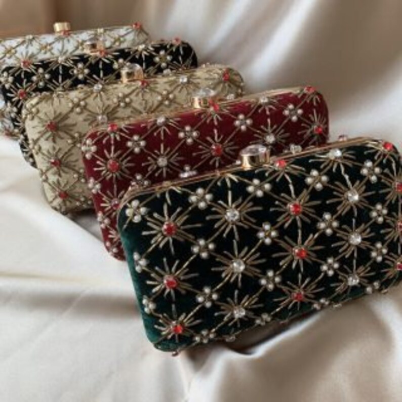 embroidered hand embroidery hand crafted Golden Beige Silk double sided embroidery hand embellished party bag,