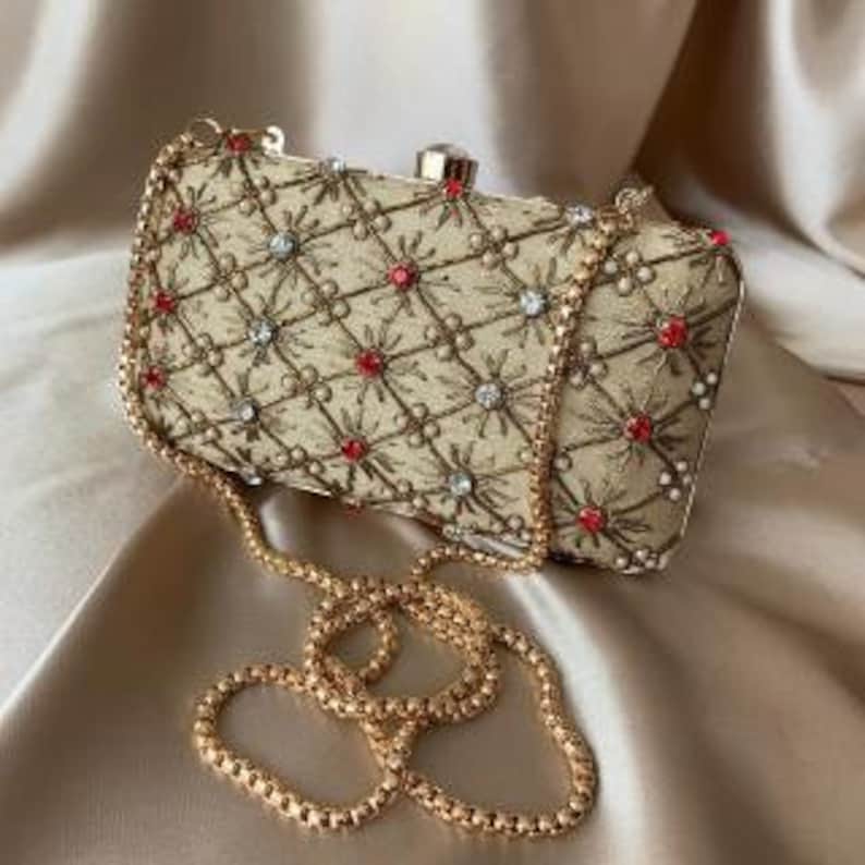 embroidered hand embroidery hand crafted Golden Beige Silk double sided embroidery hand embellished party bag,