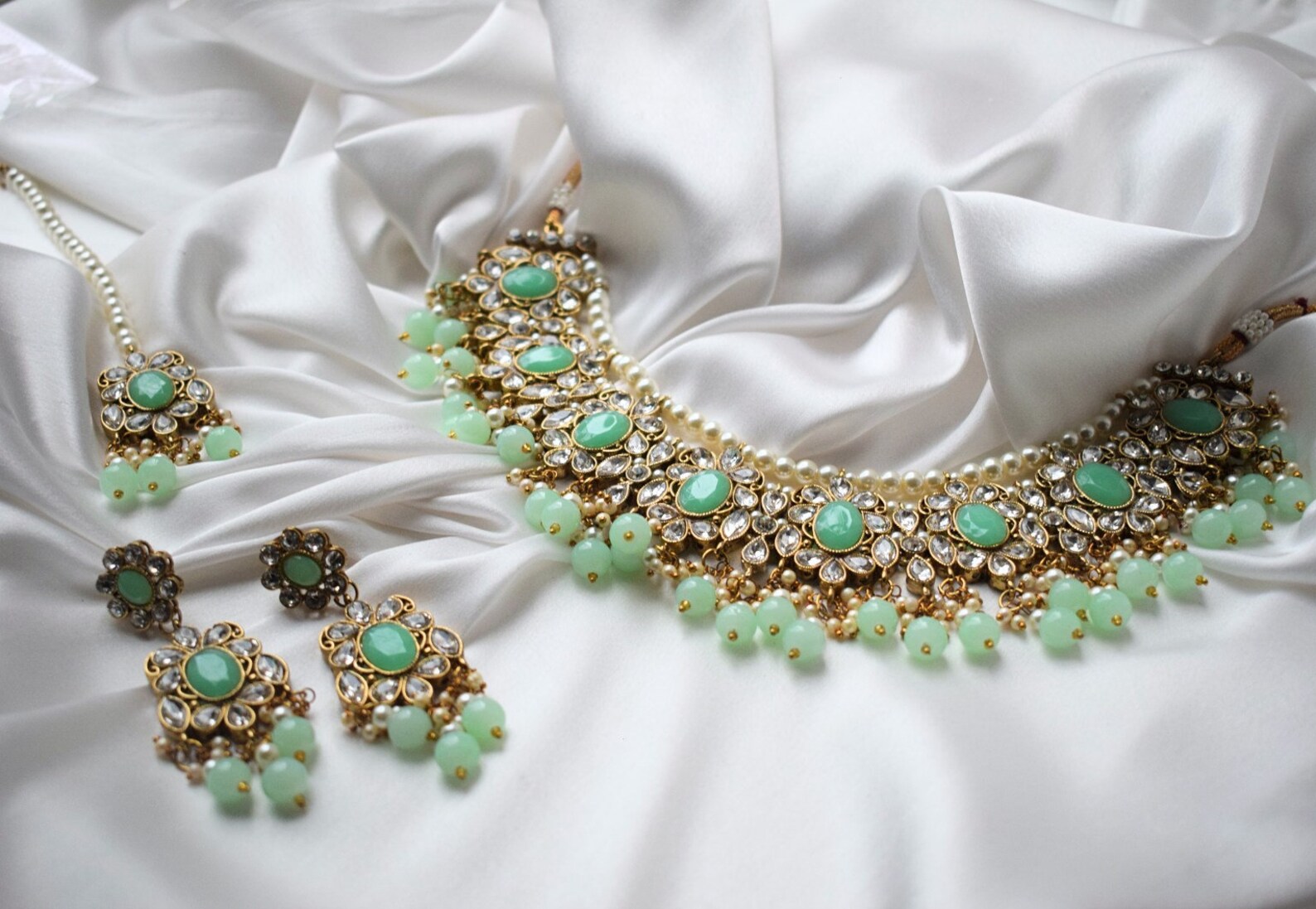 White Stones Mint Green Jewellery Set bridal Designer Etsy