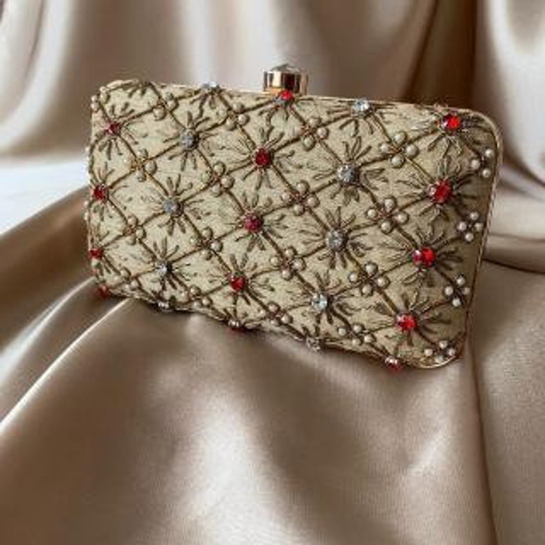 embroidered hand embroidery hand crafted Golden Beige Silk double sided embroidery hand embellished party bag,
