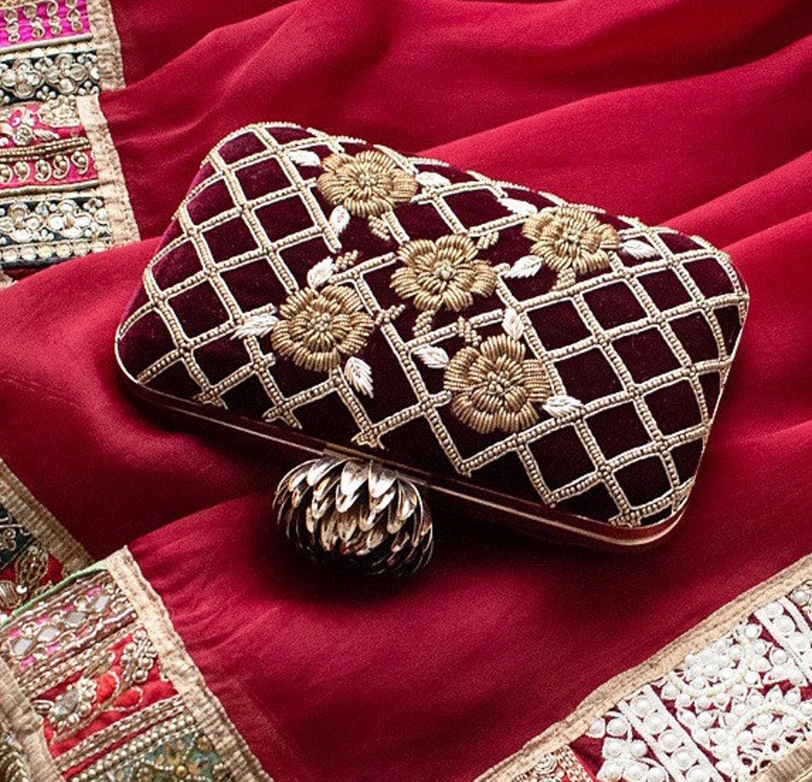 Maroon velvet zardozi clutch hand embroidery gift for her | Etsy