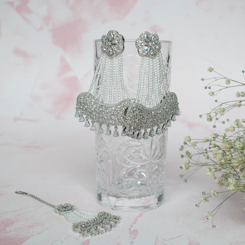 stones American diamond cut earrings white Style: AMANA Jewellery Set wedding tikka Indian bridal Atiya Choudhury handmade pearls