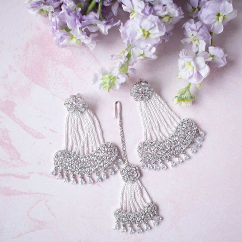 stones American diamond cut earrings white Style: AMANA Jewellery Set wedding tikka Indian bridal Atiya Choudhury handmade pearls