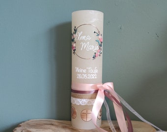 Baptismal candle Elena - Marie -Hoop baptism candle girl old pink pink eucalyptus green sage bordeaux vintage rustic flowers wreath hoop