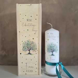 Geburtstagskerze Finn personalisiert – Lebenslicht Baum – Geschenk zum Geburtstag – Erinnerungskerze mit Name & Datum