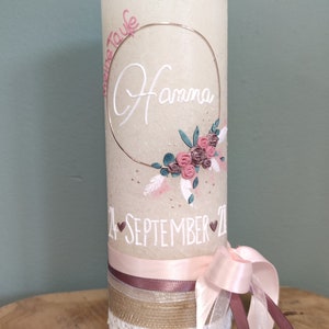Christening candle Hanna baptism girl candle pink pink vintage rustic hoop feathers flowers eucalyptus leaf wreath flower wreath old pink