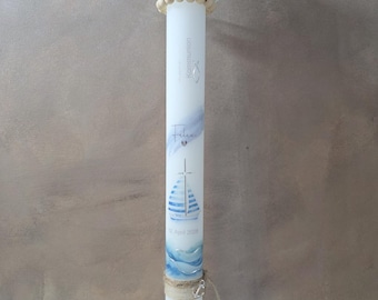 Kommunionkerze personalisiert mit Namen & Datum – Maritime Taufkerze / Kommunion – Boot, Arche und Kreuz