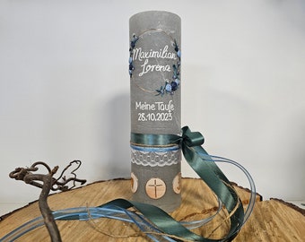 Baptism candle Maximilian-Hoop Baptism candle boys light blue dark blue dusty blue eucalyptus green sage vintage rustic flowers wreath hoop