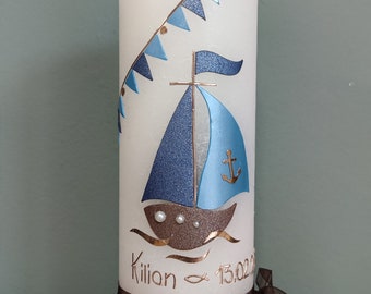 Baptismal candle Kilian with boat and lace vintage rustic ark anchor fish