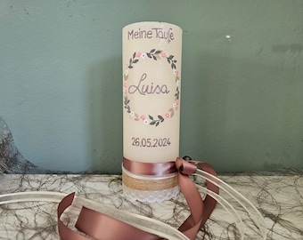 Baptism candle Luisa flowers hoop small baptism girl candle vintage rustic hoop flower wreath gray taupe pink white old pink