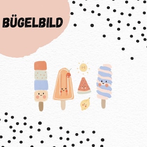 Op de afbeelding: Strijkfolie met een ontwerp van kleurrijke ijsjes, een watermeloenplak, een citroen en een zon. De tekst "BÜGELBILD" staat bovenaan de folie.