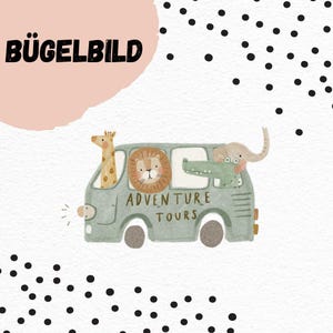 May include: An illustration of a green van with the text "Adventure Tours" and the German word "BÜGELBILD". The van features a giraffe, lion, crocodile, and elephant. The background is white with black polka dots and a pink shape.