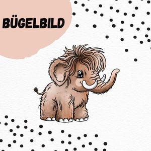 Puede incluir: Ilustración de dibujos animados de un mamut lanudo marrón con grandes colmillos y una cabeza de pelo esponjosa. La imagen incluye el texto alemán "BÜGELBILD" en letras negras sobre una forma rosa-beige, con lunares negros sobre fondo blanco.