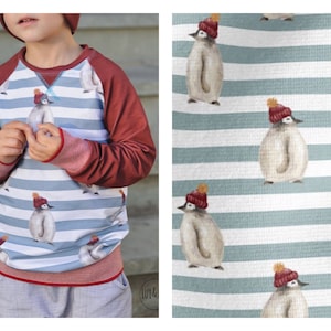 Könnte beinhalten: Ein blau-weiß gestreiftes Sweatshirt mit einem Pinguin-Muster. Das Sweatshirt hat rote Raglanärmel und einen roten gerippten Saum. Die Pinguine tragen rote Mützen mit gelben Bommeln.