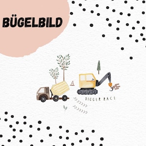 May include: Iron-on transfer design featuring a yellow excavator and a brown dump truck with a cement mixer. The design includes trees, a small construction cone, and the text "DIGGER RACE".