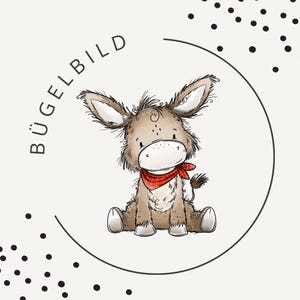 May include: A cartoon illustration of a seated donkey with large ears, wearing a red and white checkered scarf. The donkey is surrounded by a black circle and the word "BÜGELBILD" in black text. Black dots are scattered around the circle.