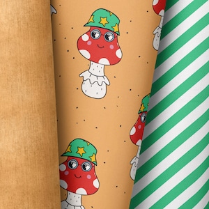 May include: A seamless pattern featuring cartoon mushrooms wearing green hats with yellow stars. The mushrooms have red and white caps, white stems, and smiling faces with black eyes and glasses. The background is a light orange color.