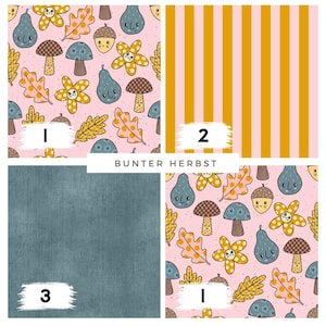 May include: A collection of fabric swatches featuring autumn-themed patterns. One swatch has a pink background with cartoon mushrooms, pears, and leaves. Another has vertical gold stripes on a pink background. The third swatch is a solid teal color.