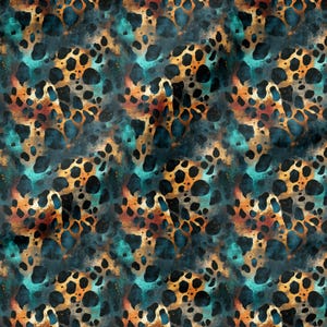 Puede incluir: Patrón abstracto sin costuras con un diseño de estampado de leopardo en tonos marrones, naranjas, azul verdoso y negros.