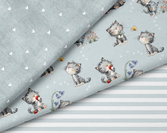 Spring Kitten Blue – Cute Cat Fabric with Flowers | Available on various fabric types