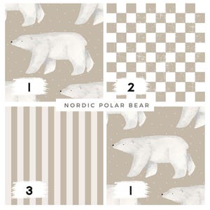 Könnte beinhalten: Eine Sammlung von vier verschiedenen Mustern. Die Designs umfassen ein sich wiederholendes Muster aus weißen Eisbären auf beigem Hintergrund, ein Schachbrettmuster, ein Streifenmuster und ein Eisbärmuster mit weißen Punkten. Der Text "Nordic Polar Bear" ist ebenfalls vorhanden.