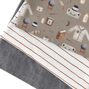May include: Three fabric swatches, one with a brown and white striped pattern, one with a gray background and a repeating pattern of magical objects, and one with a solid gray color.