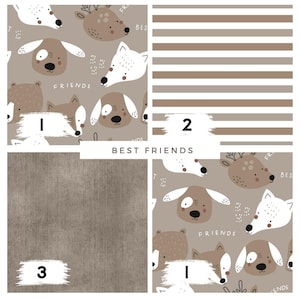 May include: A collection of four fabric swatches. One features a pattern of cartoon animal faces, including dogs, foxes, and bears, with the word "FRIENDS". Another has horizontal stripes in shades of brown. The third is a solid textured brown. The fourth is a repeat of the animal pattern.
