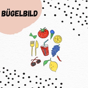 Puede incluir: Ilustración colorida de varios alimentos, incluyendo un tomate, un helado, una rodaja de limón, uvas y una bebida con pajita. La imagen también presenta un tenedor, un cuchillo y gafas de sol. El texto "BÜGELBILD" está en la parte superior izquierda.