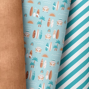 May include: A blue and white patterned fabric with a repeating design of surfboards, palm trees, vans, and rainbows. The fabric is ideal for crafting projects, quilting, and home decor.